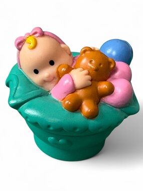 Fisher-Price Little People Baby in Green Bassinet Holding Teddy Bear 2001